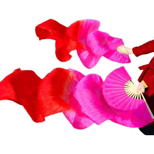 High selling 100% silk veil 1pair Left+Right handmade dyed silk belly dance fans dance stage performance props rose+red 5 sizes