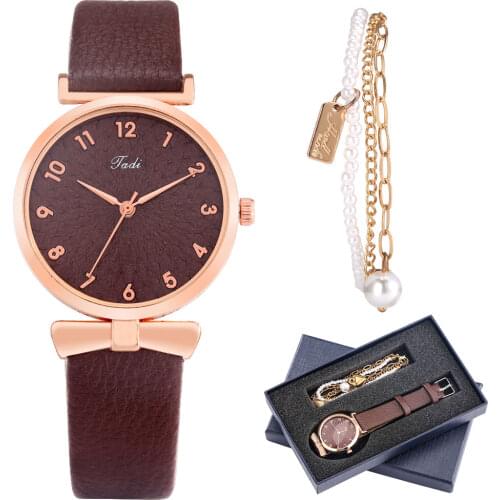 Premium Brown Womens Watch Fine Bracelet Watch Gift Set With Box Quartz Clock Leather Strap Ladies Chains Gifts for Girlfriend