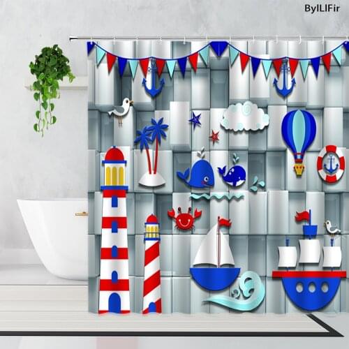 Cute Cartoon Mediterranean Style Shower Curtains Blue Red Nautical Poster Children Home Decor Bathroom Waterproof Bath Curtain