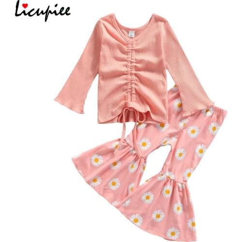 1-5 Years Baby Girls Clothes Print T-shirt and Trousers Suit Fresh Solid Color Long Sleeve Tops and Daisy Trumpet Pants