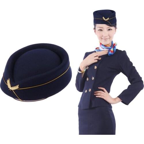 Women Air Stewardess Hat Woolen Flight Attendant Hat Stewardess Cap for Costume Cosplay Musical Performance - Size M(Navy Blue)