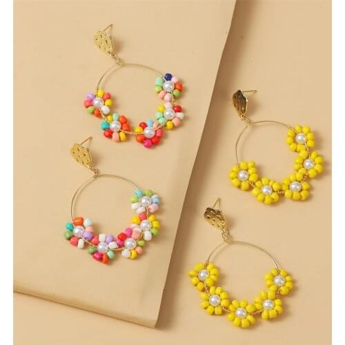 Newest 2020 Cute Handmade Glass Beaded Weave Flower Drop Earrings For Women Girls Fashion Bohemian Geometric Dangle Earring Gift