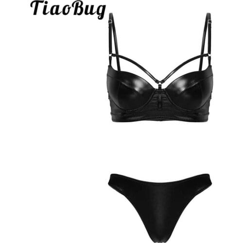 Women Black Faux Leather Swimwear Sexy Bikini Set Spaghetti Straps Push up Padded Underwire Bra with Thong Swimsuit Bathing Suit