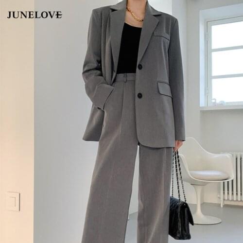 JuneLove Elegant Ladies Blazer Set Single-breasted Suit Jacket & High Waist Loose Pants Casual Women Pant Suits 2021 Autumn Sets
