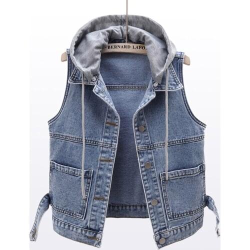 2021 Spring Vintage Denim Vest Womens Hooded Short Sleeveless Jacket Harajuku Plus Size Jeans Waistcoat Ladies Coats 3XL G768