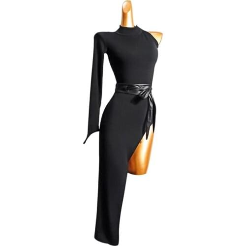 Sexy Latin Dance Dress For Women Adult Black Long Sleeve Split Dress Irregular Dance Skirt Latin Dance Competition Dress