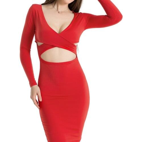 HUAN BEAUTY New Sexy Dress for Women Hollow Out Fit Tight Buttock Solid Long Sleeve V-Neck Female Party Dress Plus Size HBD826