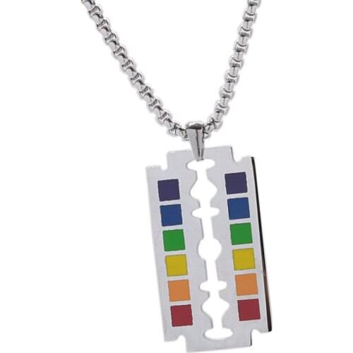 1PCS Fashion Rainbow Safety Razor Blade Pendant Gay Pride Necklace Hip Hop Lesbian Gay Love Blade Beaded Chain Jewelry