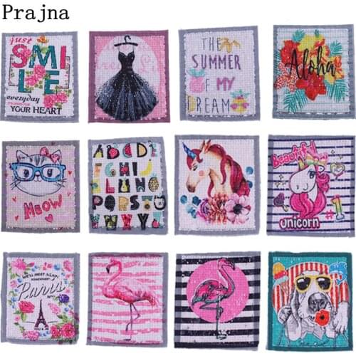Prajna Unicorn Flower Embroidered Sequins Patch Flamingo Letter Sewing On Patches Stickers On Clothes Gilrs Diy Accessories F