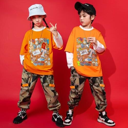 Boy Girl Printing Splice Long Sleeve Loose Casual T-shirt Kids Streetwear Hip Hop Sports Tees Shirt Stage Fashion Show Clothing