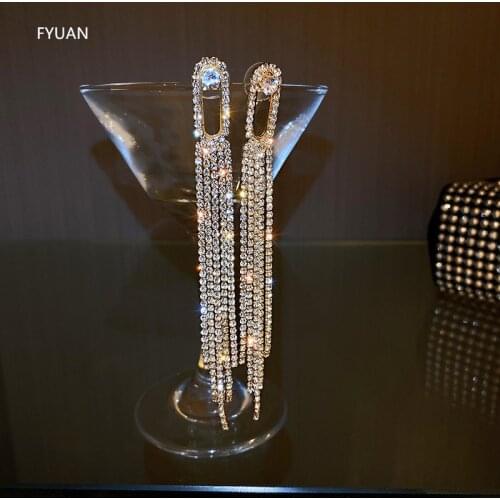 FYUAN Geometric Full Rhinestone Earrings for Women Bijoux Long Tassel Crystal Dangle Earrings Statement Jewelry