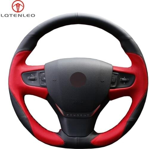 LQTENLEO Black Red Leather Car Steering Wheel Cover For Citroen C3 C3-XR C4 2015-2019 Peugeot 408 2014-2019 Traveller 2016