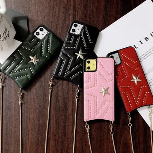 Fashion 3D Rivet Star Long Metal Chain Messenger Bag Design Leather Case Cover For Iphone 11 Pro XS Max XR X 8 7 6 6S Plus SE