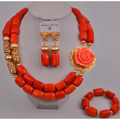 Fashion Flower Necklace Orange Nigerian Coral Beads African Jewelry Set Women Wedding Bridal Jewelry Sets 314-B1