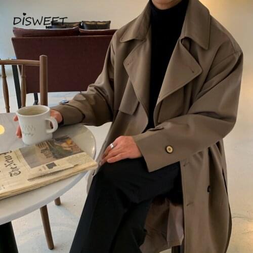 Mens Trench Solid Lapel Korean Loose Long Sleeve Single Breasted Warm Jackets Men
