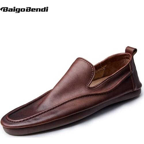 Soft ! Soft ! Soft ! Men Slip On Leather Shoes Summer Breathable Light Weight Boat Shoes Retro Loafers Man