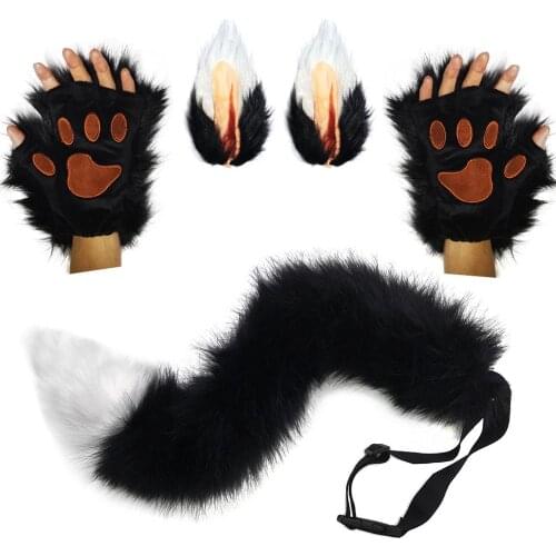 Junboon Wolf Fox Tail Clip Ears and Gloves Set Halloween Christmas Fancy Party Costume Toys Gift for Children or Adult