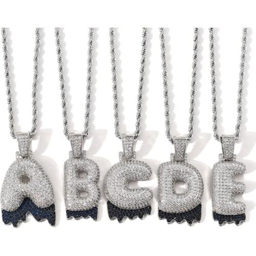 Iced Out Bubble Initial Necklaces Jewelry Personalized Micro Paved CZ Hip Hop Two Tone DIY Blue Lava Letter Christmas Gifts