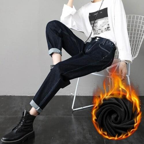 Autumn Winter Thick Fleece Warm Loose Mom Jeans Women High Waist Casual Streetwear Female Blue Black Harem Denim Pants