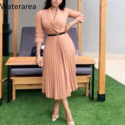 Waterarea Winter Spring Plus Size Women Dress V-Neck Half Sleeve Solid Midi Length Dress Office Lady OL Africa Pleated Dresses