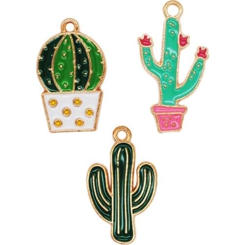 20pcs/Lot Enamel Cactus tree Shape Gold Color Tone Plants Charm Fit For DIY Jewelry Bracelet Earring Making Accessories