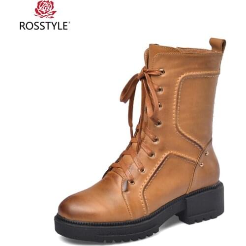 ROSSTYLE Handmade Woman Basic Ankle Boots High Quality Genuine Leather Round Toe Square Heel Shoes Solid Lade-up Zipper Boots