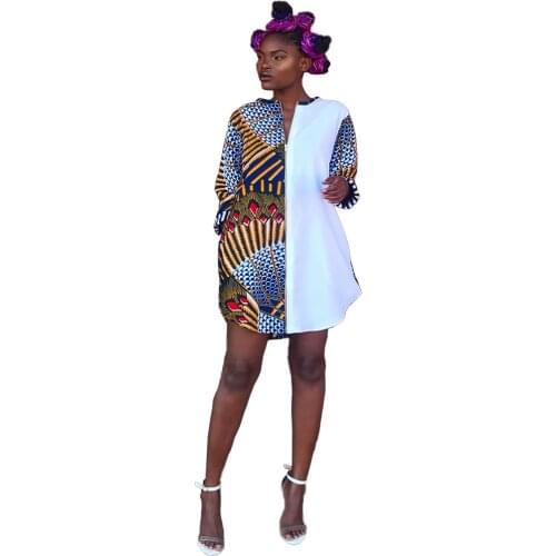 S -3XL Summer New African Clothing Dashiki Fashion Shirt Skirt Womens Print Half Open Collar Loose Miniskirt Casual Dress 2021