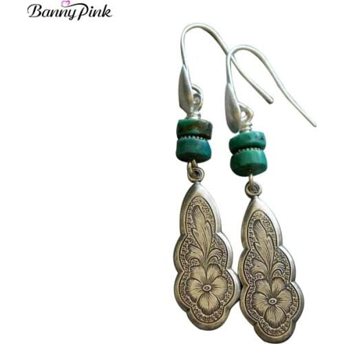 Banny Pink Ethnic Vintage Turquoises Earrings For Women Geometry Carved Metal Statement Retro Jewelry Mujer