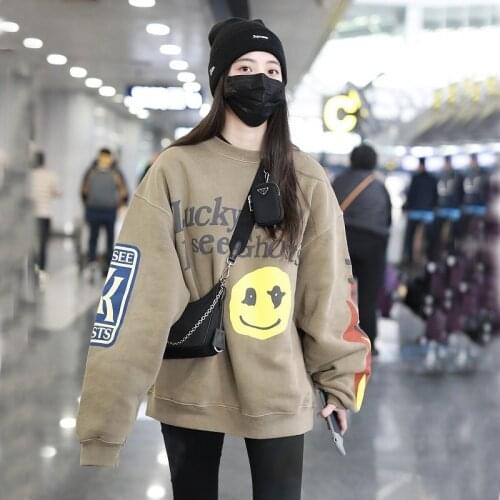 KANYE Smiley Flame Print Round Neck Sweatshirt Women Plus Velvet Streetwear Lucky Me I See Ghosts Women Sweatshirt 3D Foam
