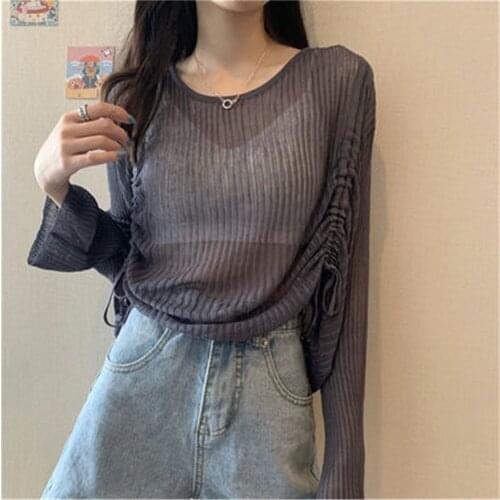 Thin Knitting O-neck Sexy Female Tops Long Sleeve 2021 Korean Blouse Women Solid 5-colors Loose Summer Sun-proof Shirring Lady
