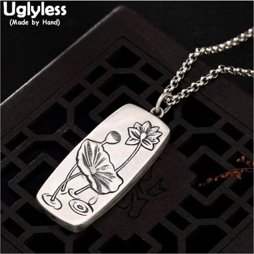 Uglyless 100% Real Solid 990 Full Silver Square Pendants Necklace no Chains Handmade Lotus Pendant Buddhism Mantra Fine Jewelry