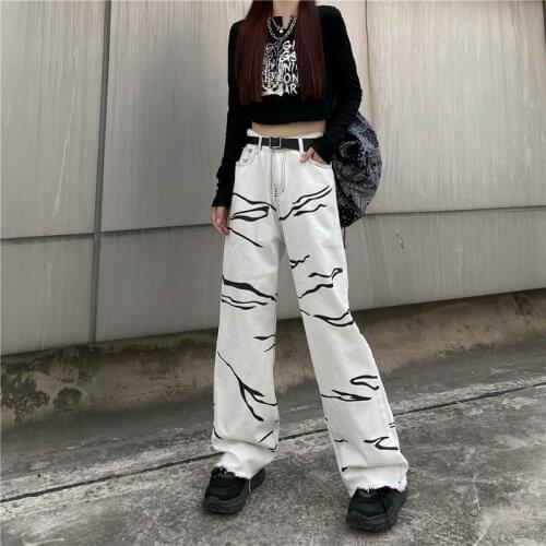 QWEEK Streetwear White Womens Low Rise Jeans Y2K Korean Fashion Oversize Print Baggy Wide Leg Jeans 2021 Autumn Trousers Female