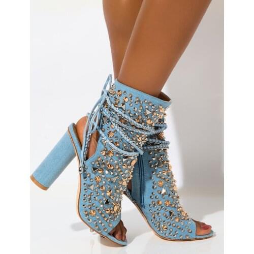 Light Blue Jeans Rivets Slingback Ankle Boots Woman Chunky Heels Peep Toe Metal Spikes Bandage Lace Up Denim Booties Lady