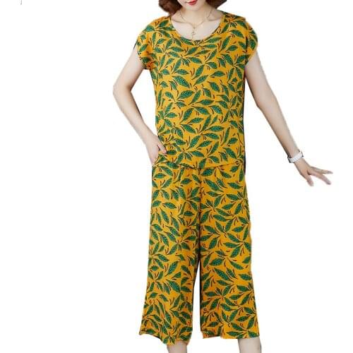 Womens Summer Sets Short Sleeve Cotton silk Printed T-shirt Wide Leg Pants 2 Pcs Sets Middle-aged lady Elegant Home Service Sui