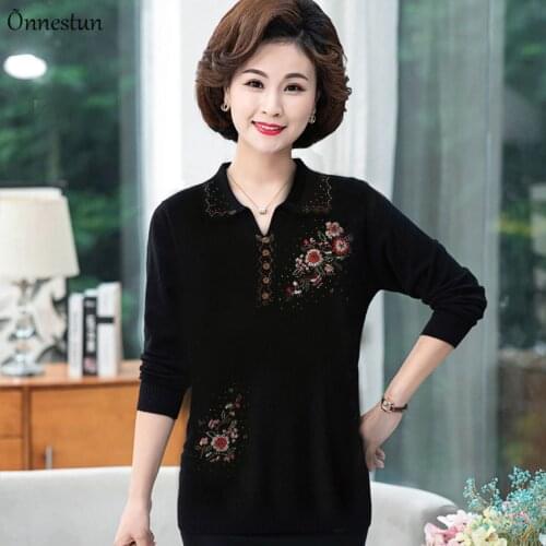 Embroidered Womens Sweaters Autumn Causal Long Sleeve Knitwear Pullovers Women Clothes Jumper Plus Size Lapel Sweater Women