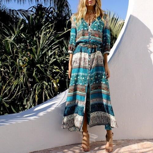 Women Long Maxi Dresses Bohemia V-neck Three Quarter Sleeve Floral Print Ethnic Summer Beach Female Split Dress