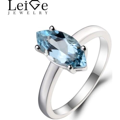 Leige Jewelry Wedding Ring Natural Aquamarine Ring March Birthstone Solitaire Ring Marquise Cut Gems 925 Sterling Silver Ring