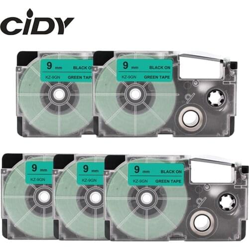 CIDY 5pcs Compatible XR-9GN XR9GN XR 9GN 9mm black on green tape cartridge for EZ Casio label maker for KL-60 KL-60SR KL120