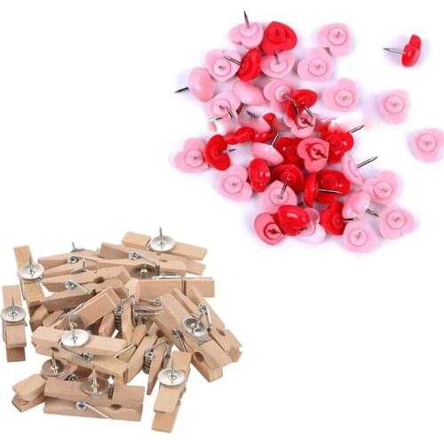 50 PCS Heart Push Pins, Red Bulletin Boards Thumb Tacks with Push Pins with Wooden Clips Push Pins Tacks Thumbtacks