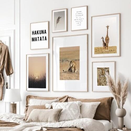 Lion giraffe HAKUNA MATATA Reed plant Abstract Nordic Posters And Prints Wall Art Canvas Painting Wall Pictures For Living Room