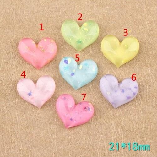 Free Shipping 60pcs 21*18MM Flatback Resin Cabochons Glitter Heart DIY Jewelry Findings Ornament Accessories Material Button