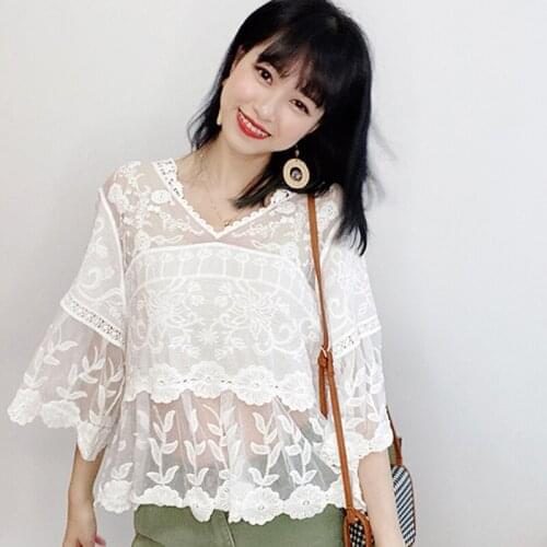 2021 Summer Women Blouses Fluffy Sleeve Sweet Lace Embroidered Korean Fashion Shirt Female Loose Sexy Retro Top Boho Clothing