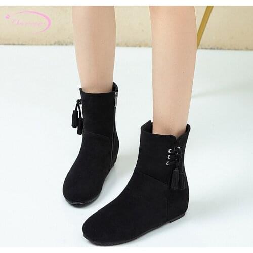 Casual style round toe ankle boots fashion tassel zipper black beige medium heel increasing motorcycle boots womens shoes