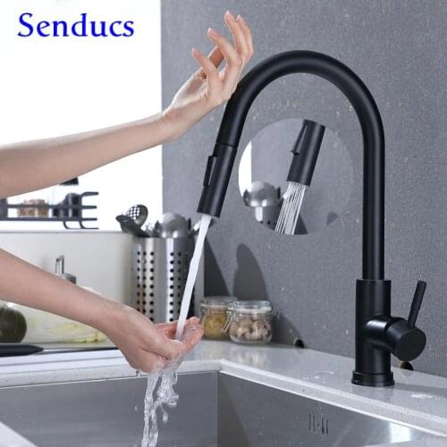 Black Touch Kitchen Faucet Senducs Pull Out Black Kitchen Sink Faucet Stainless Steel Sensor Kitchen Mixer Tap Black Water Tap