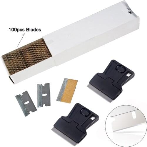 EHDIS 2pcs Cleaning Razor Squeegee with 100pcs Carbon Steel Blades Sticker Film Wrapping Scraper Car Goods Vinyl Applicator Tool