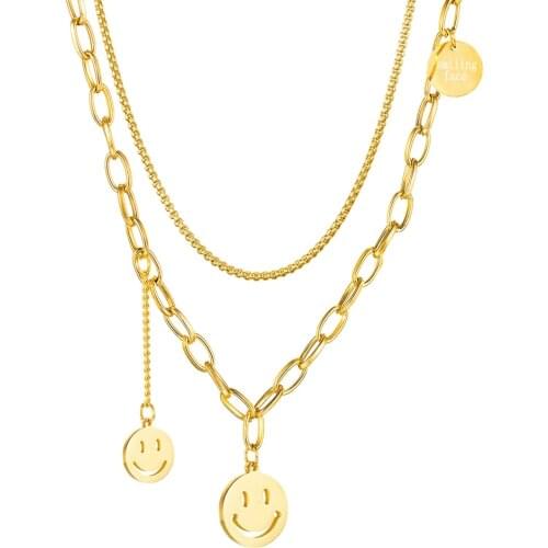 FIREBROS 2021 New Fashion Rose Gold Silver Color Stainless Steel Smile Face Pendant Layered Chain Necklace Choker Women Jewelry