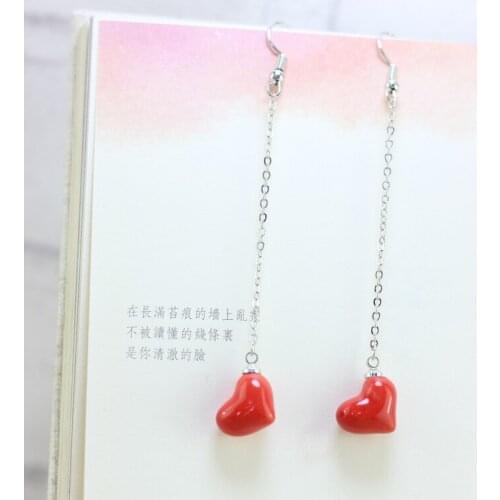 Handmade Ceramic Heart Earrings for Women Strawberry Long Chain Line Simple Small Jewelry Earrings Elegant Temperament Female