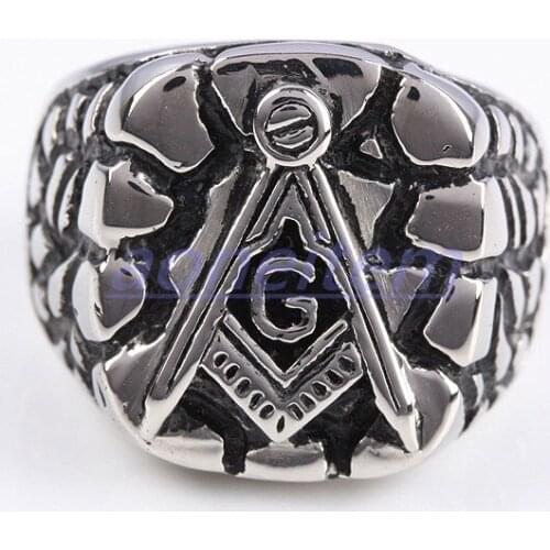 Hip Hop Crackle Masonic Pattern Stainless Steel Rings Punk Mens Jewelry