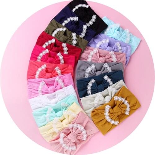 Cute Big Bow Nylon Headbands Lace Trimming Solid Elastic Hair bands Turban Headband Toddler Baby Hair Accessories Wholesale