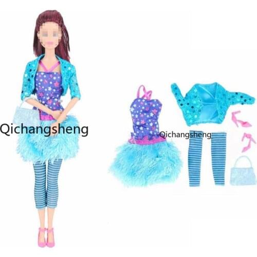 Fashion Blue Sequin Little Coat Star Dress 1/6 BJD Doll Outfits For Barbie Clothes Socks Bag Shoes 1:6 Dolls Accessories DIY Toy